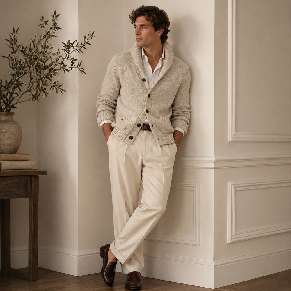 Banana Republic Cardigan Mens M Beige Shawl Collar Cotton Knit Sweater Preppy